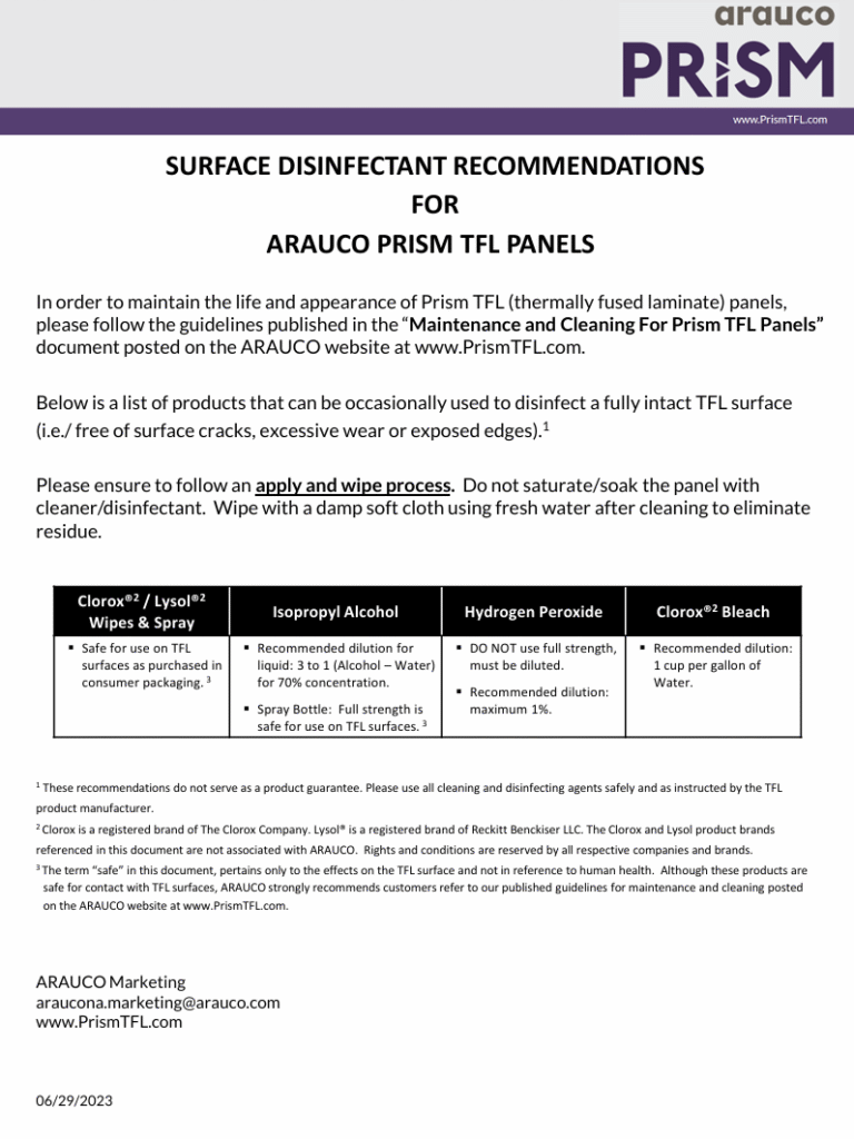 Surface Disinfectant Recommendations for Arauco PRISM TFL Panels